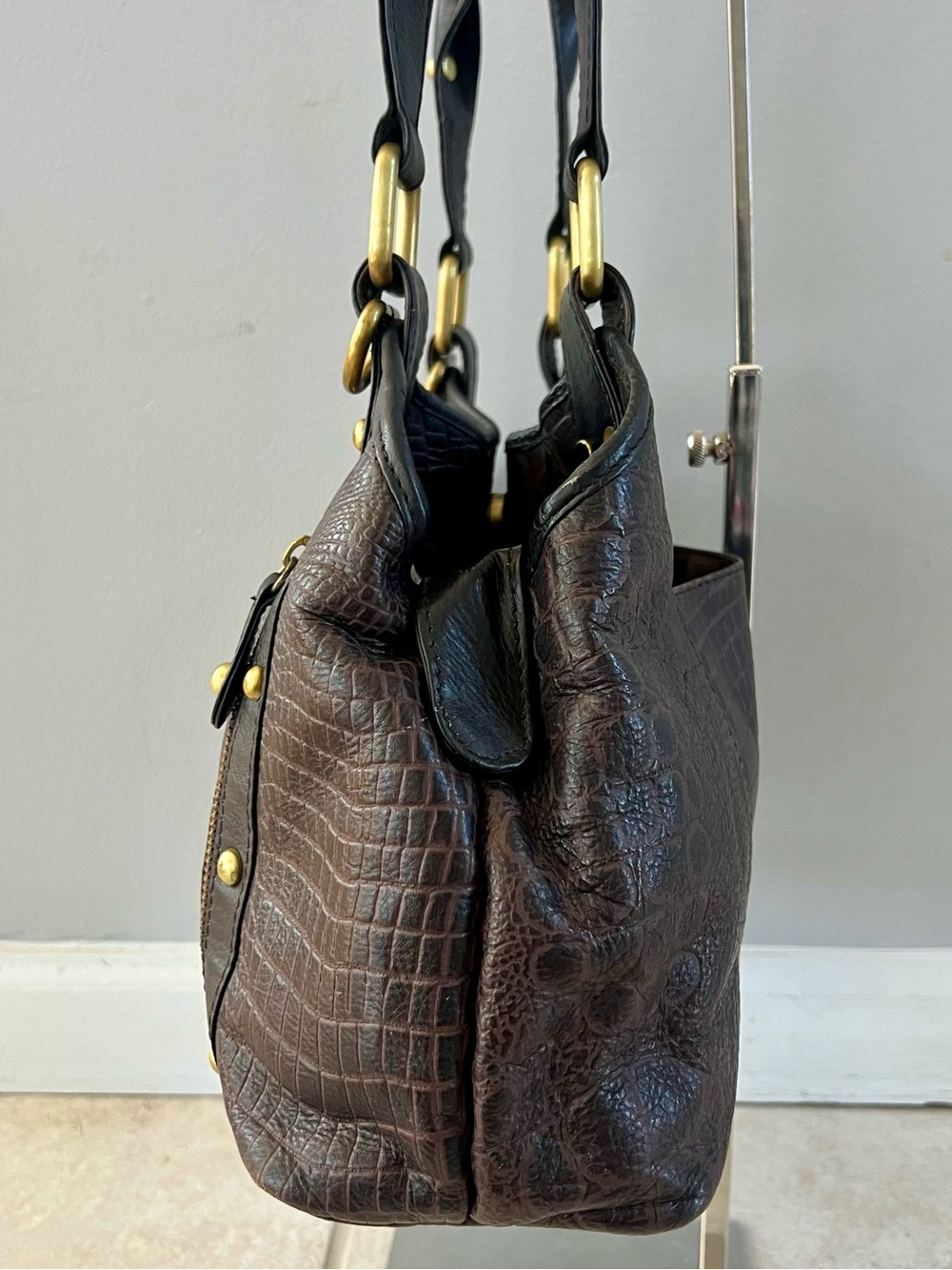 Great American Leatherworks Satchel Shoulder Bag Croc Embossed Brown Black - Picture 3 of 12